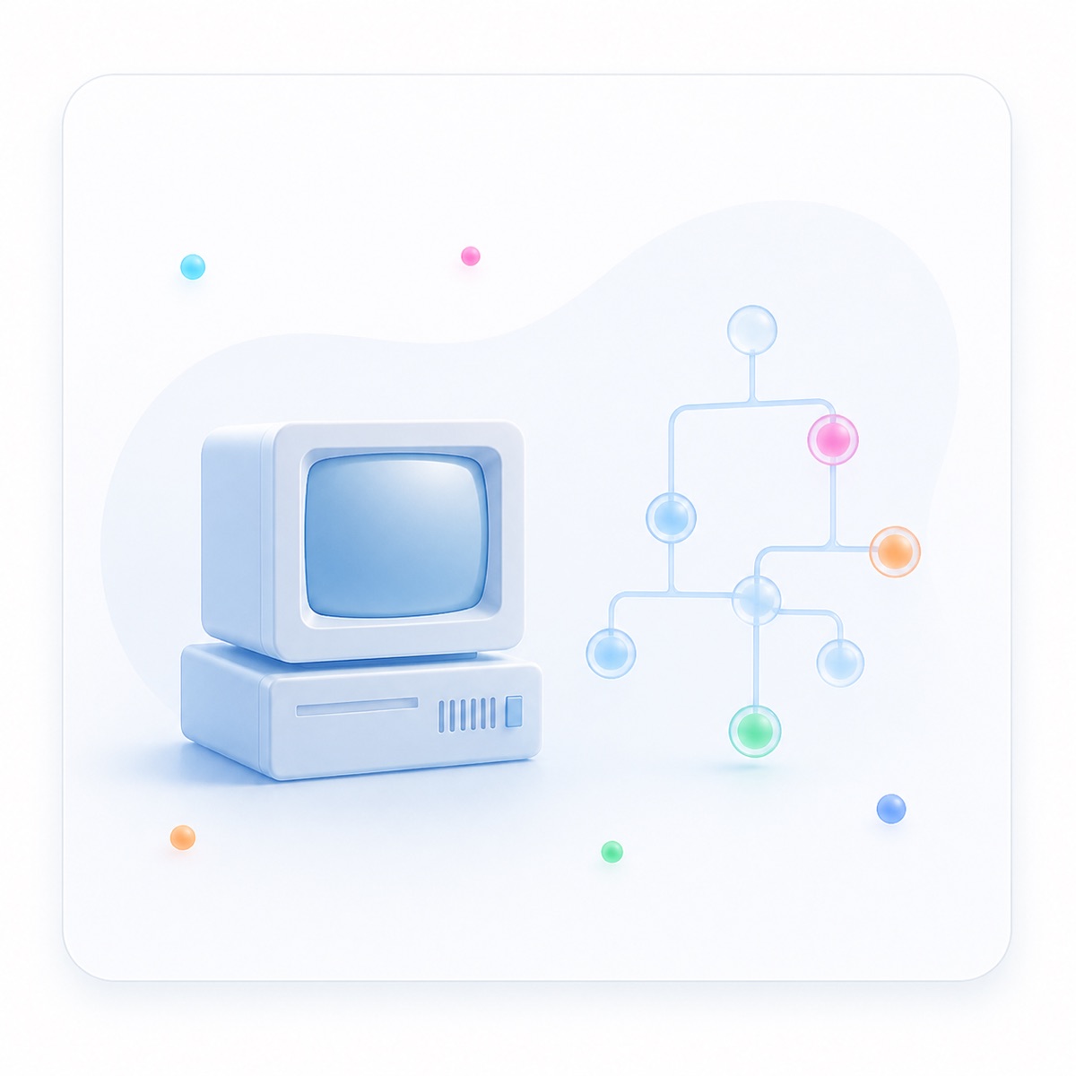 Illustratie van vroege AI-ideeen met mainframe en logica