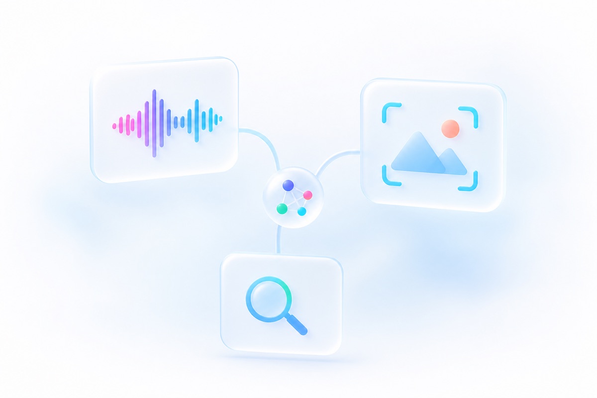 Illustratie van AI in dagelijkse software met zoek-, spraak- en beeldiconen