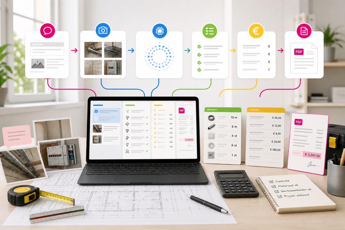 Illustratie van een bouw- en installatie workflow van aanvraag met foto's naar conceptofferte en PDF