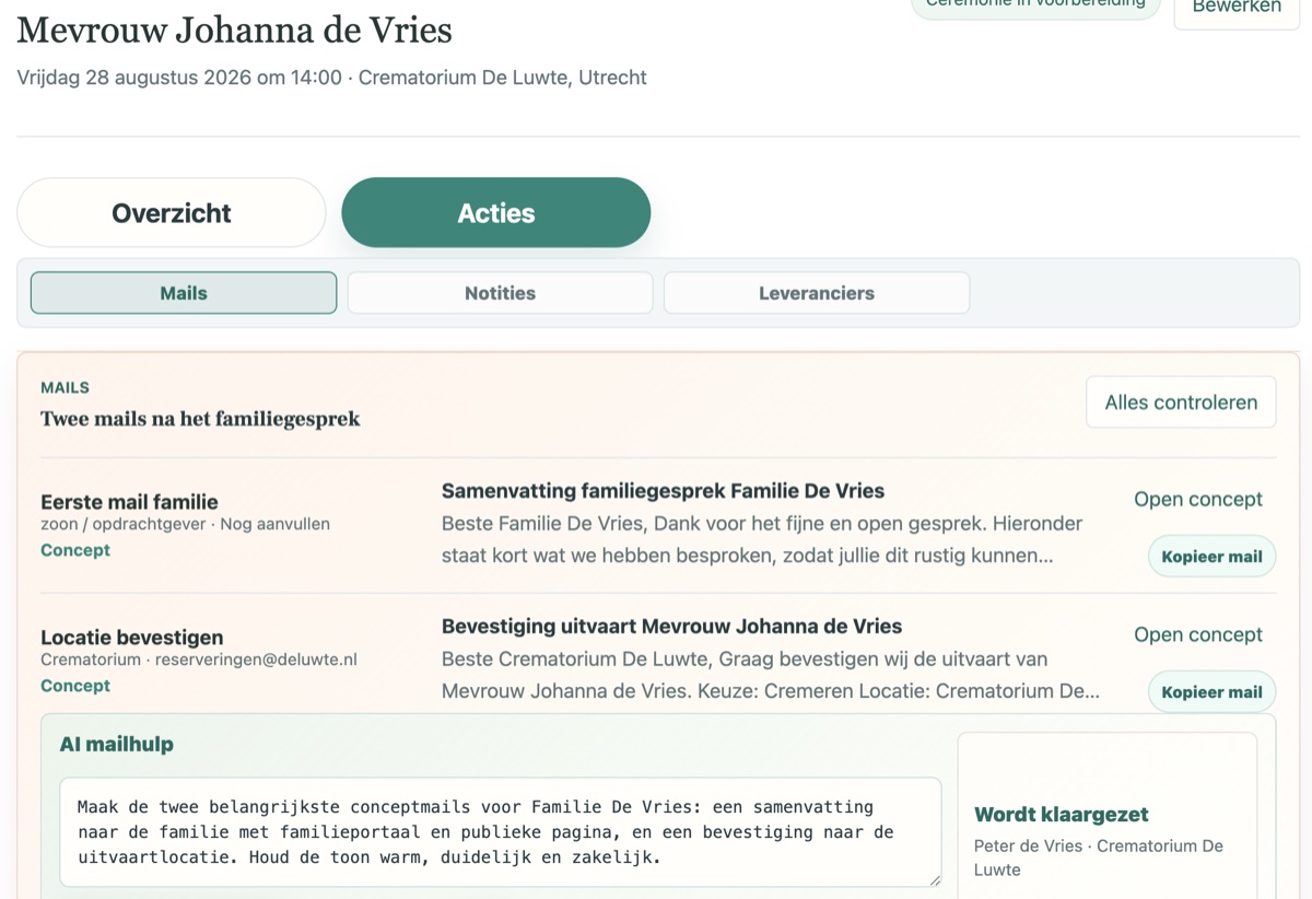 Uitvaart dashboard met acties en conceptmails voor een familie