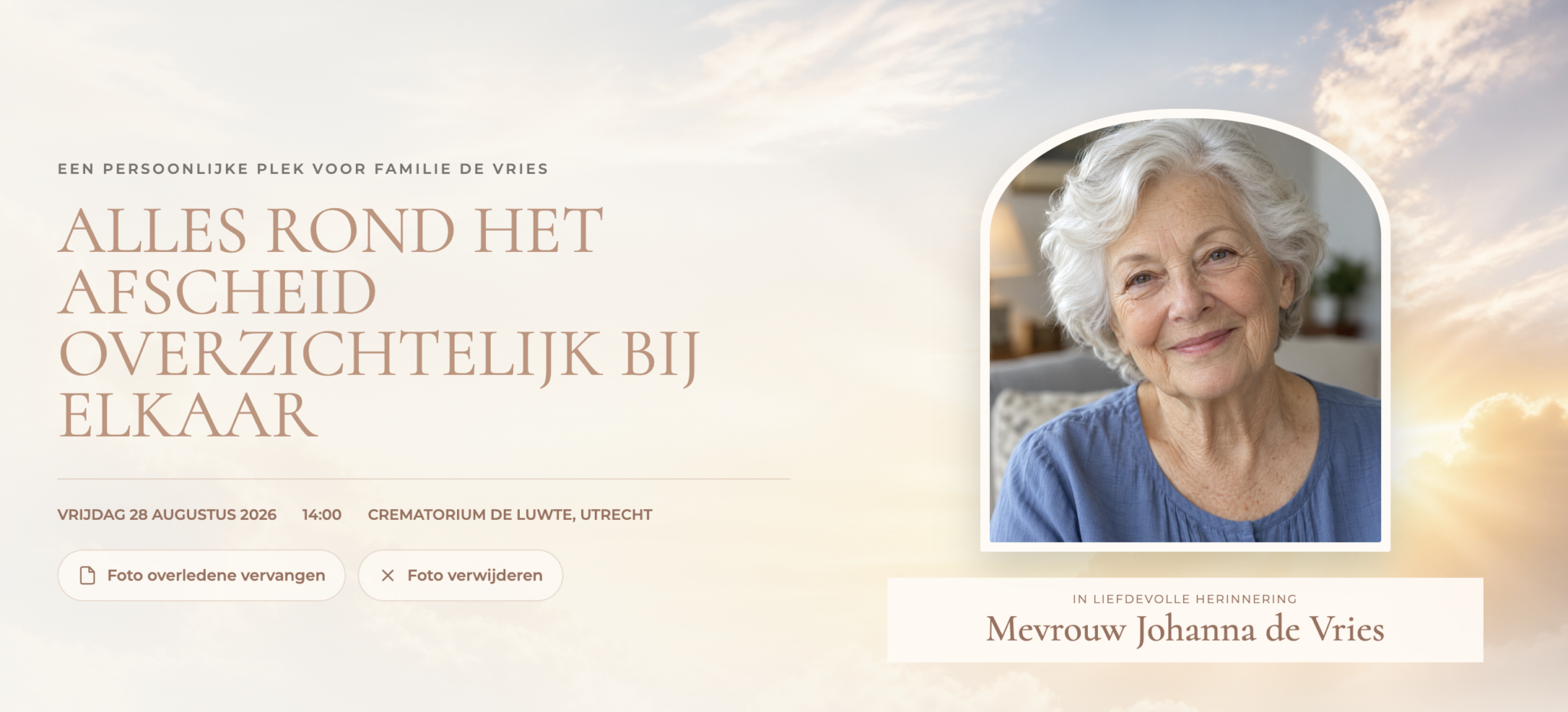 Voorbeeld van een persoonlijke herinneringspagina voor familie De Vries, met een portret en praktische informatie over het afscheid