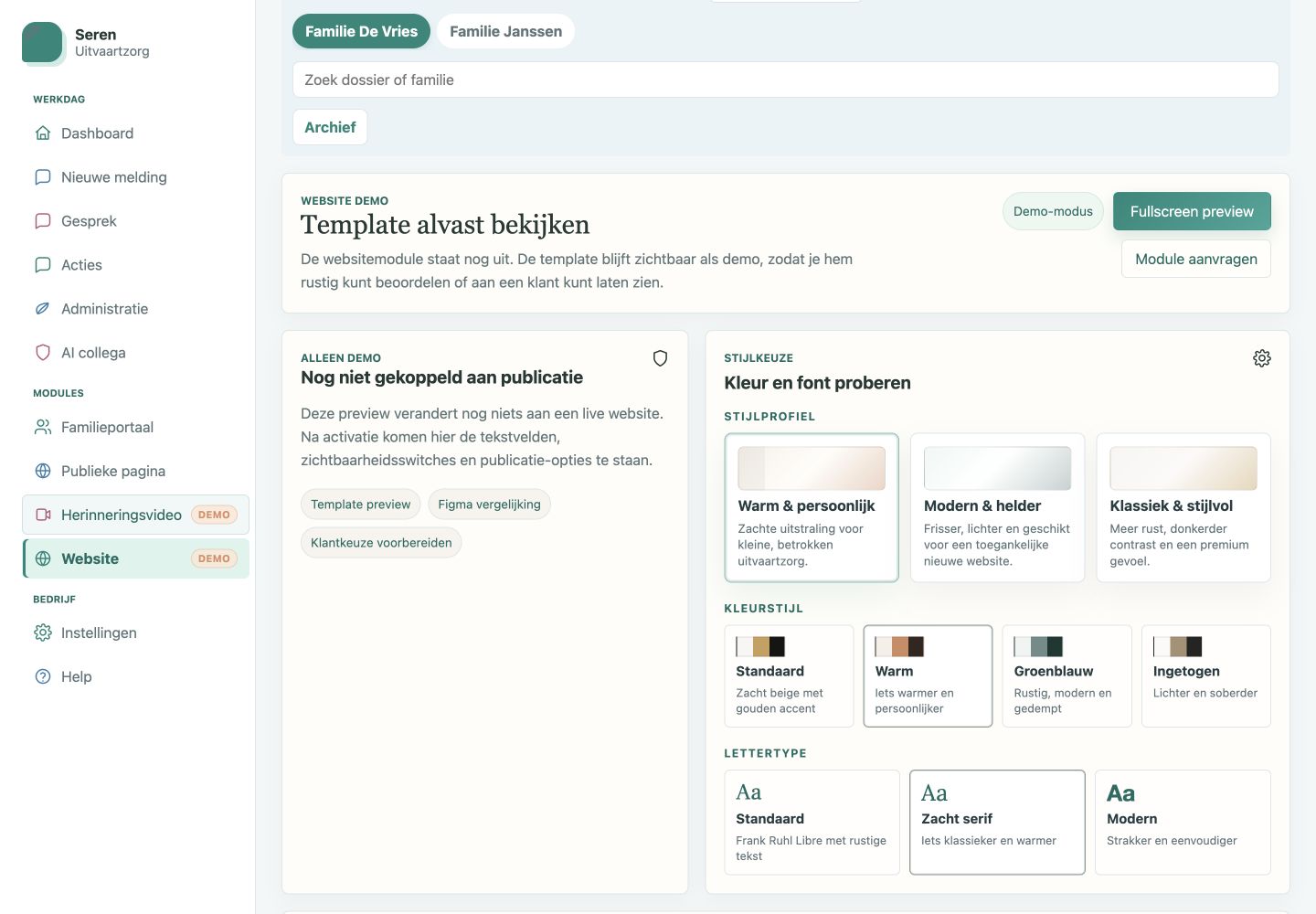 Vergrote screenshot van de website-editor voor uitvaartwebsites