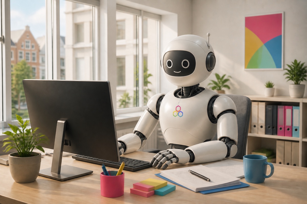 Vriendelijke robot als digitale collega achter een computer in een kantoor