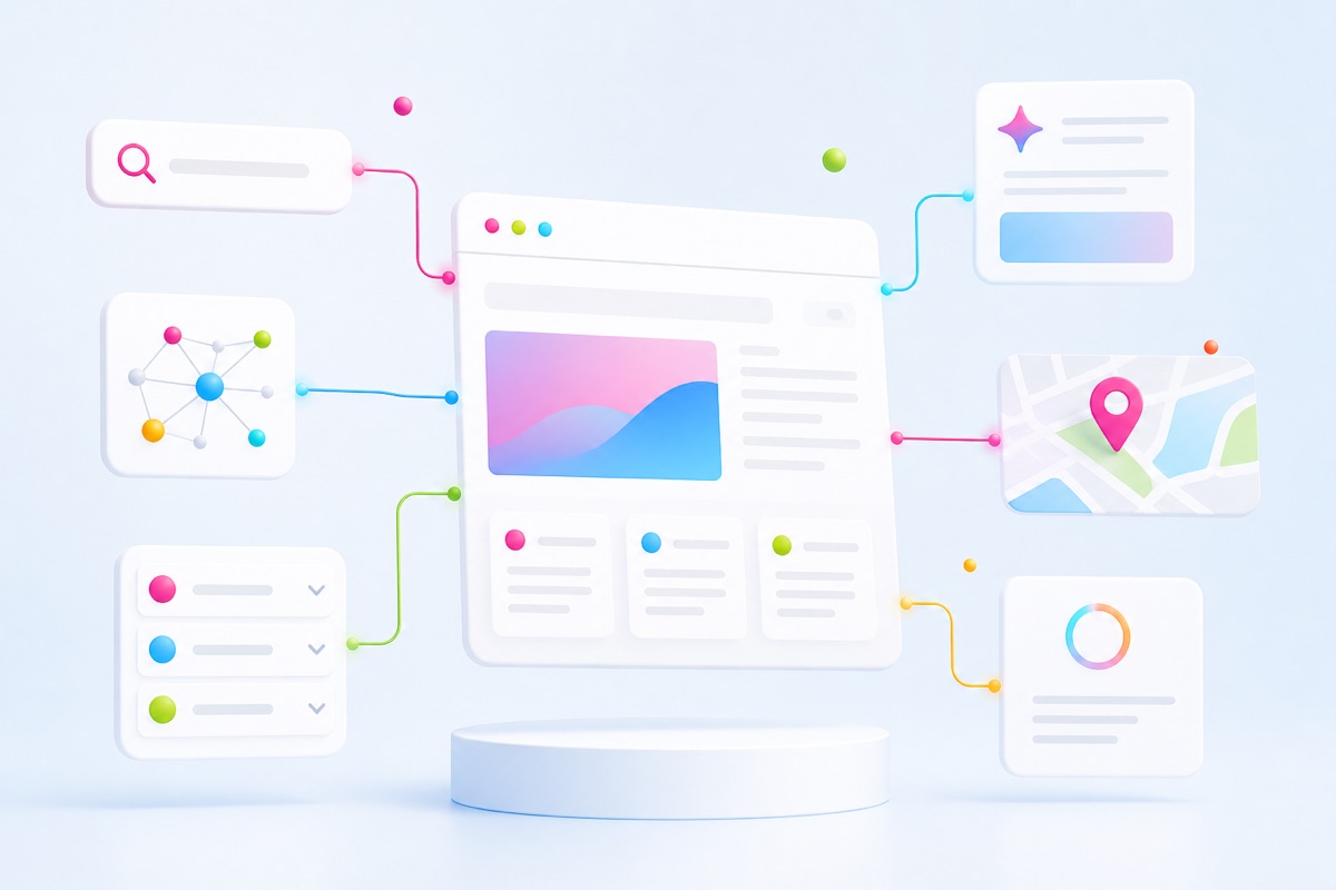 Abstracte visual van een website die verbonden is met zoekvragen, AI-antwoorden, lokale vindbaarheid en structured data