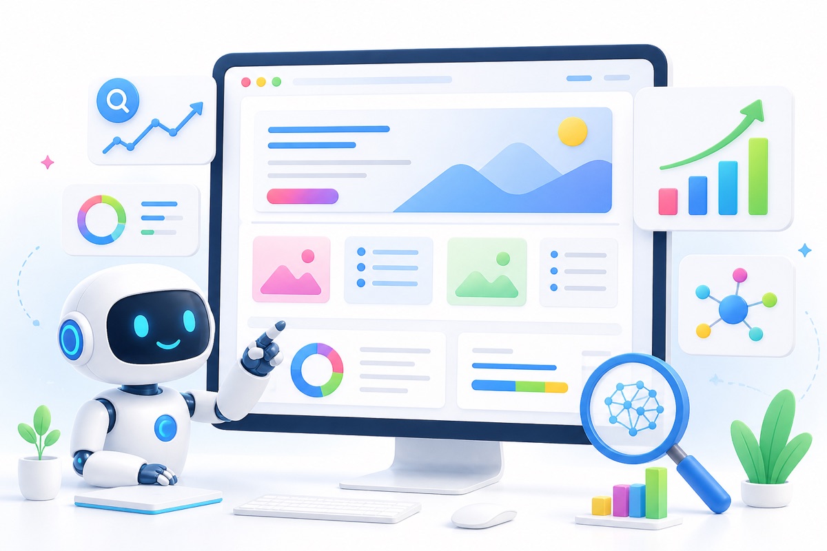 Vriendelijke robot die slimme websitefuncties zoals formulieren, samenvattingen en opvolging ondersteunt
